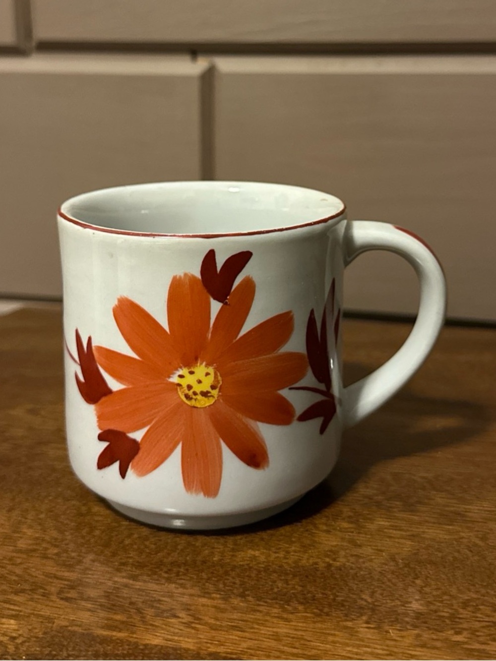 White Ceramic Mug with Orange Floral Design Fall Colors